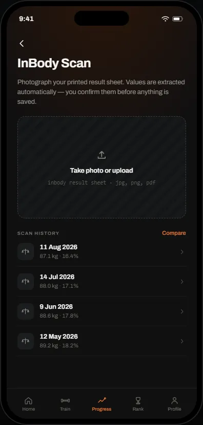 The FORJD InBody history screen listing past scans.