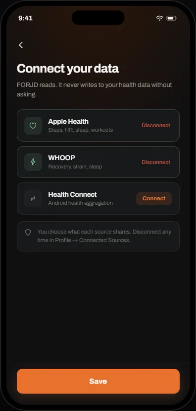 The FORJD connected sources screen listing Apple Health, Health Connect and WHOOP.