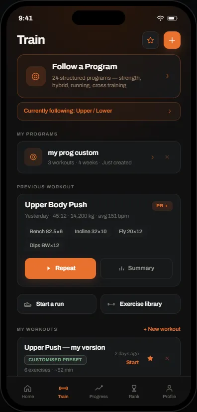 The FORJD Train tab with suggested workouts and programs.
